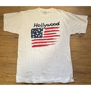 VTG 90s Single Stitch Graphic T Shirt XL Hollywood American Flag Chest USA